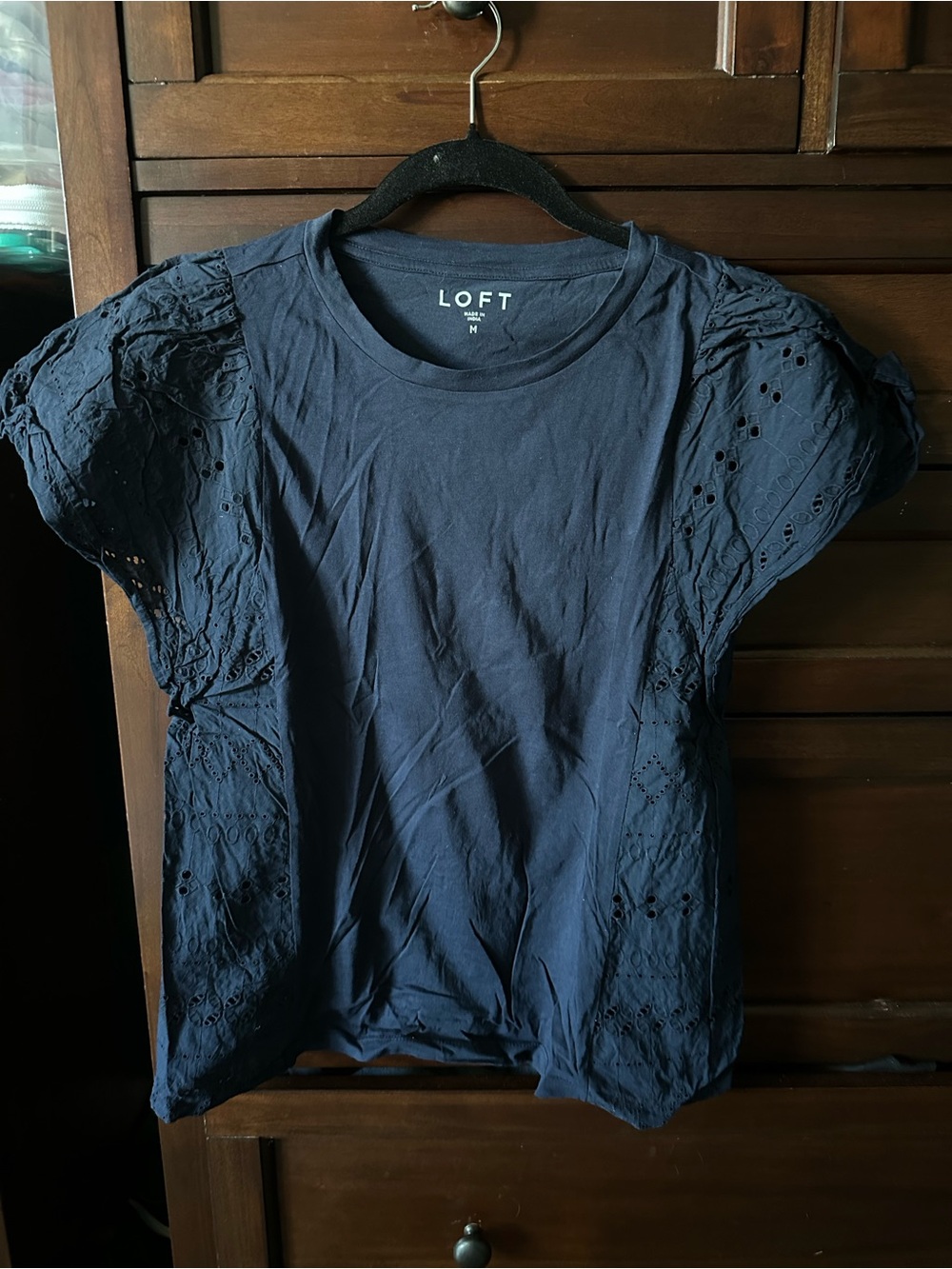 LOFT Navy Eyelet Puff Sleeve Cotton Tee